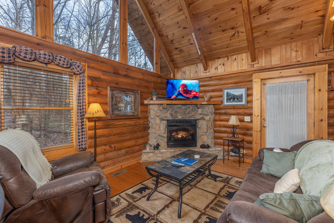 Living room with a fireplace and TV at A Lovers Secret, a 1 bedroom cabin rental located in Gatlinburg