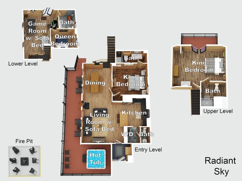 A detailed floor plan showing three spacious levels with modern bedrooms, open living spaces, game room, and an inviting hot tub—your perfect mountain retreat awaits.