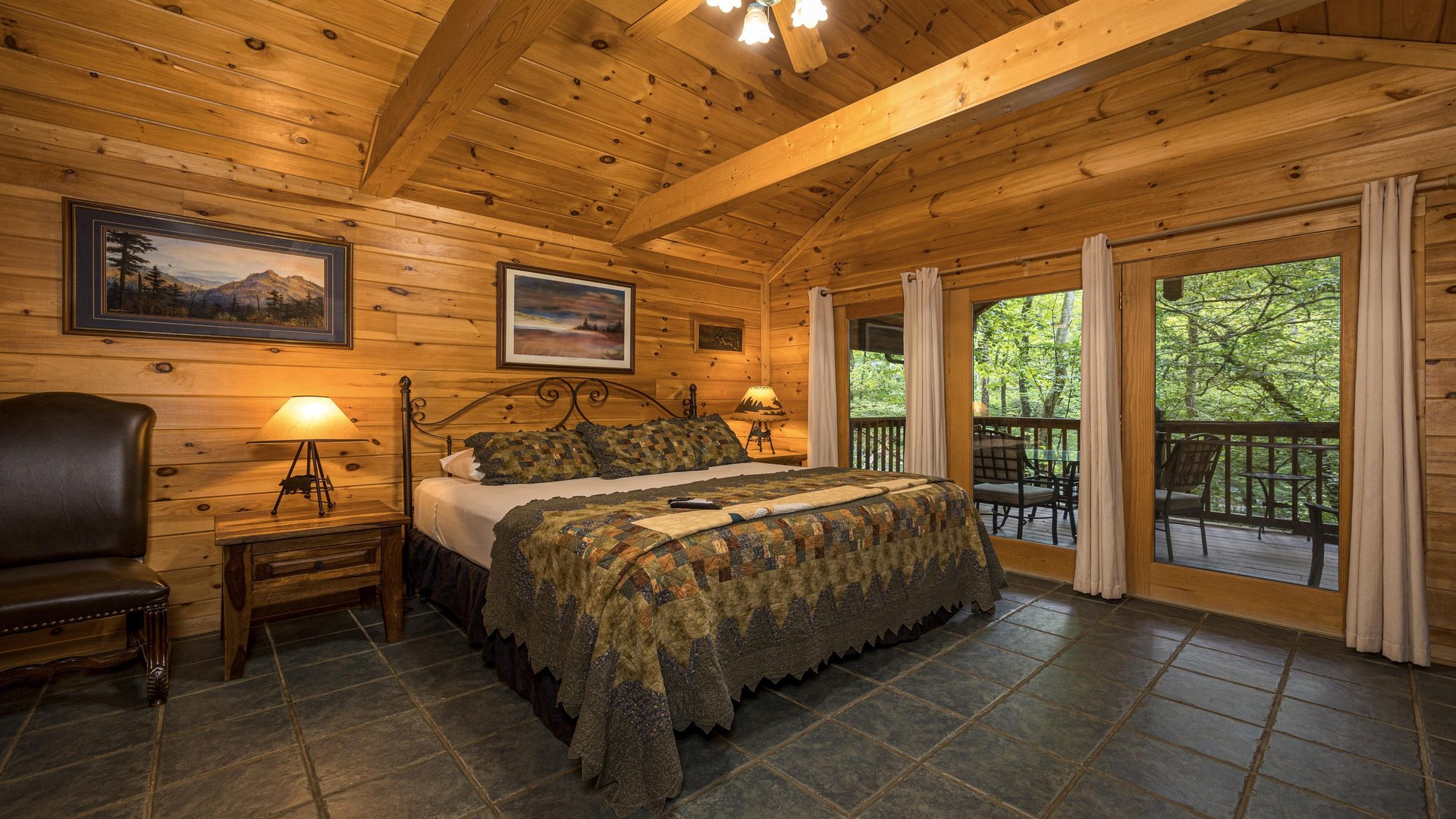 King bed with deck view