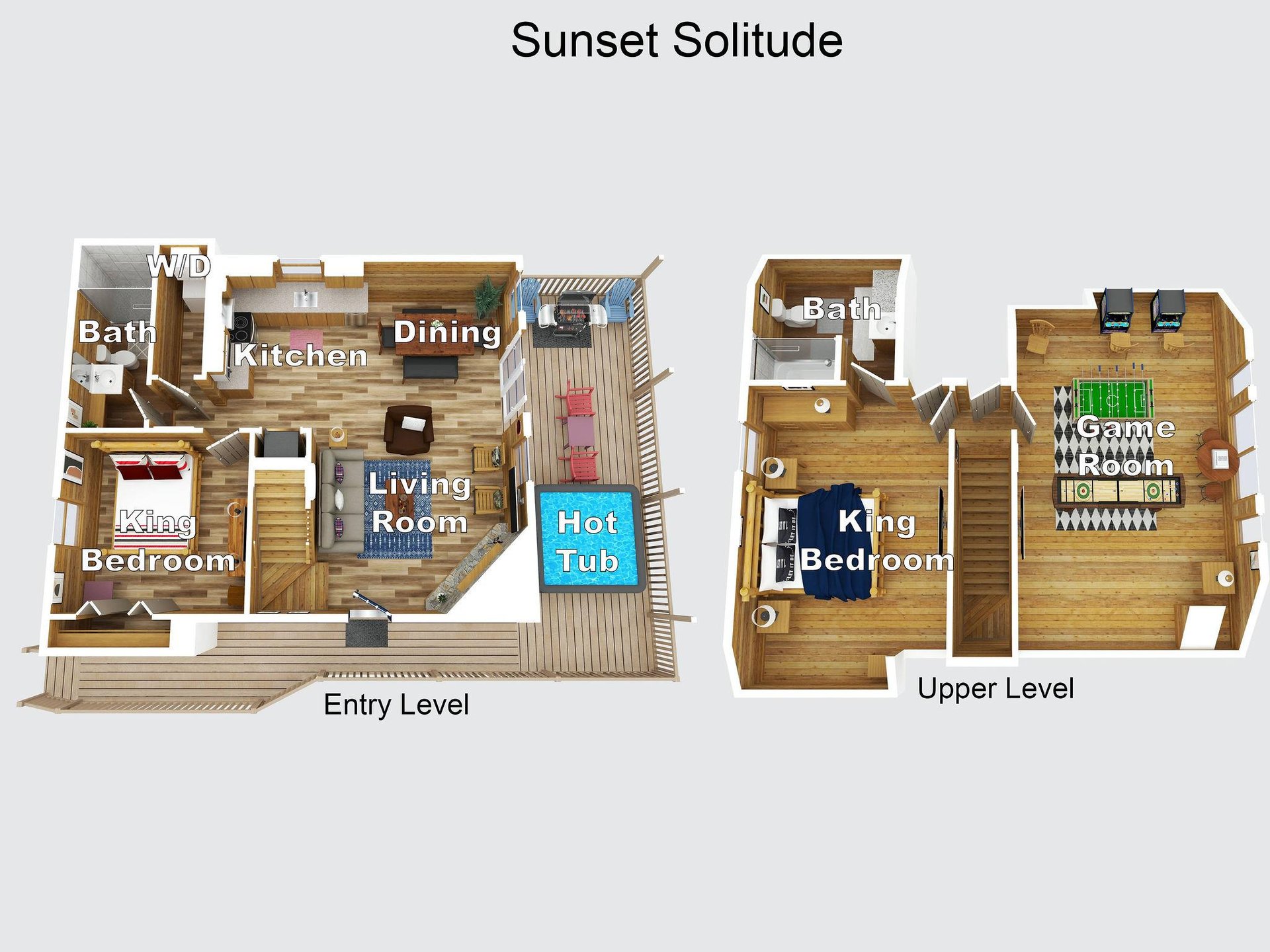 Detailed floor plan layout showing entry level with open kitchen, dining, living room, bedroom, bathroom, and hot tub access, plus upper level with king bedroom, bathroom, and game room.