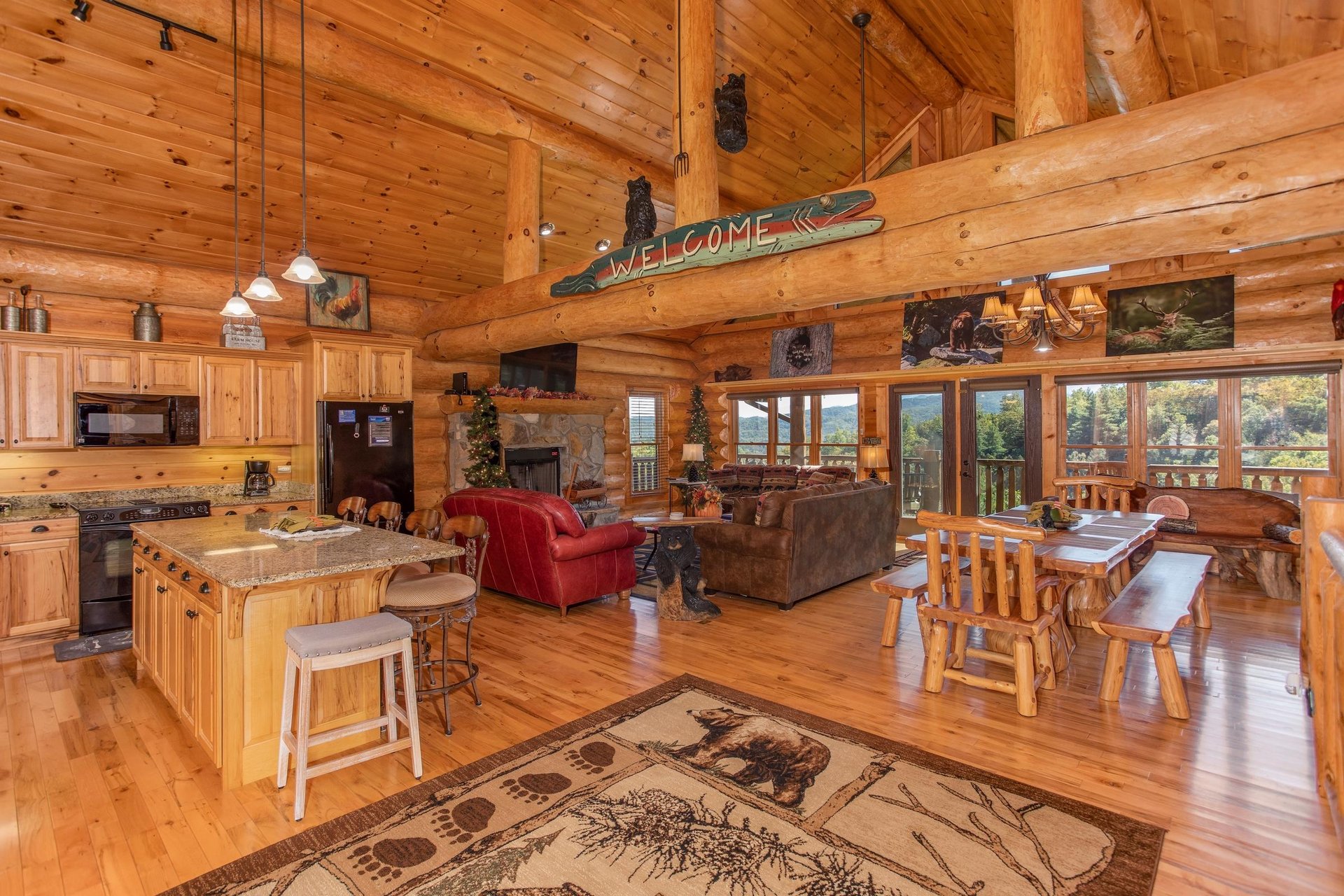 Looking into the open concept first floor at Great View Lodge, a 5bedroom cabin rental located in Pigeon Forge