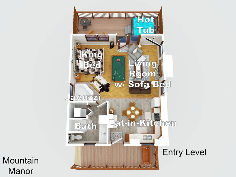 This detailed floor plan shows your vacation retreats layout with a king bedroom, living area with sofa bed, full kitchen, bathroom with jacuzzi, and private hot tub.