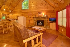 Living room with futon, fireplace, and TV at Wild Crush, a 1 bedroom cabin rental located in Pigeon Forge