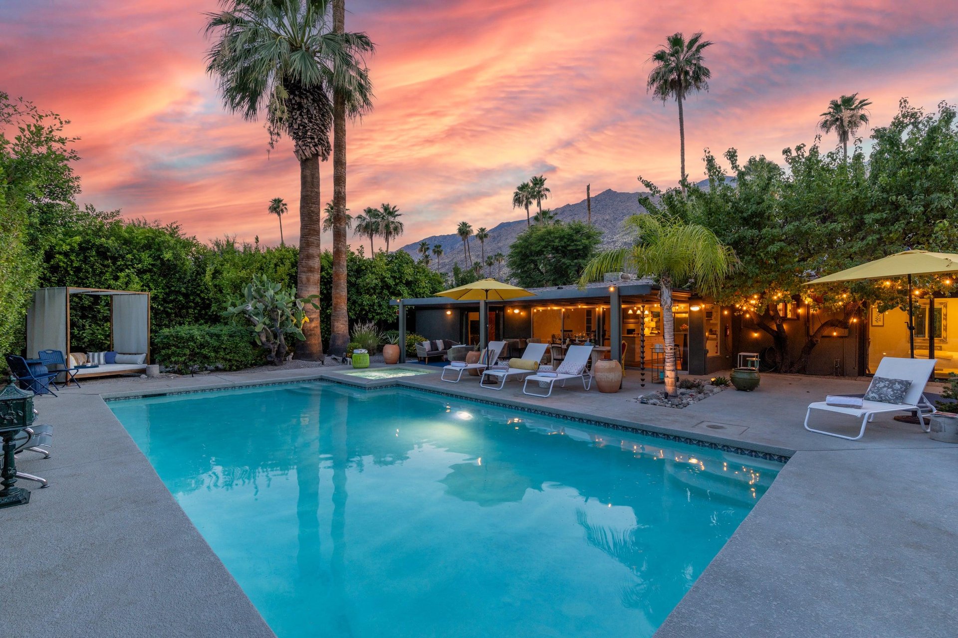 Additional sunset views of the pool, spa, and patio.