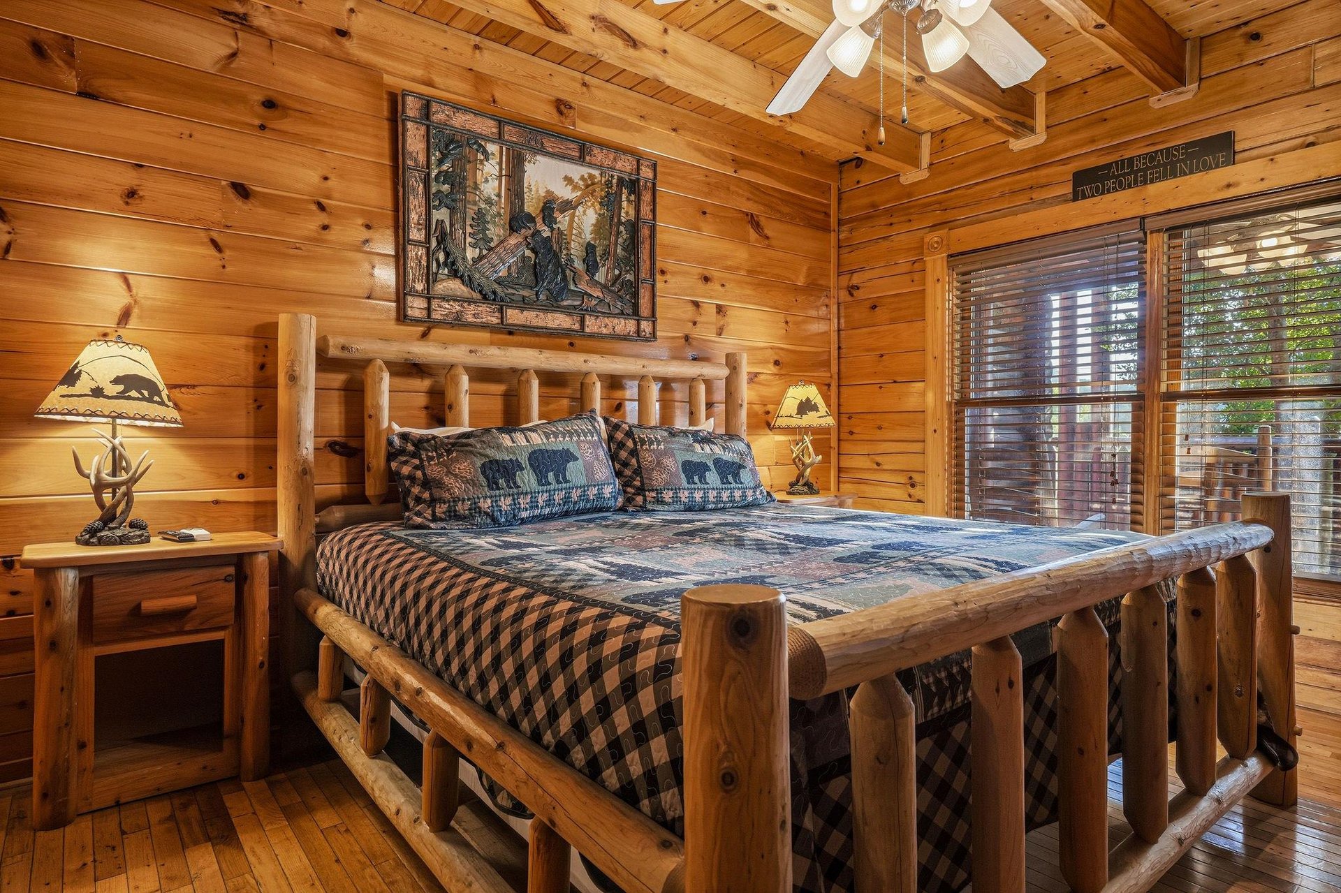 Step into your cozy cabin retreat with rustic log furnishings, vaulted wood ceilings, and charming wildlifethemed décor that brings the great outdoors inside your peaceful getaway.