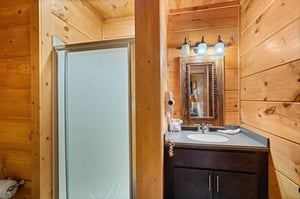 Step in shower with divider wall to single vanity sink