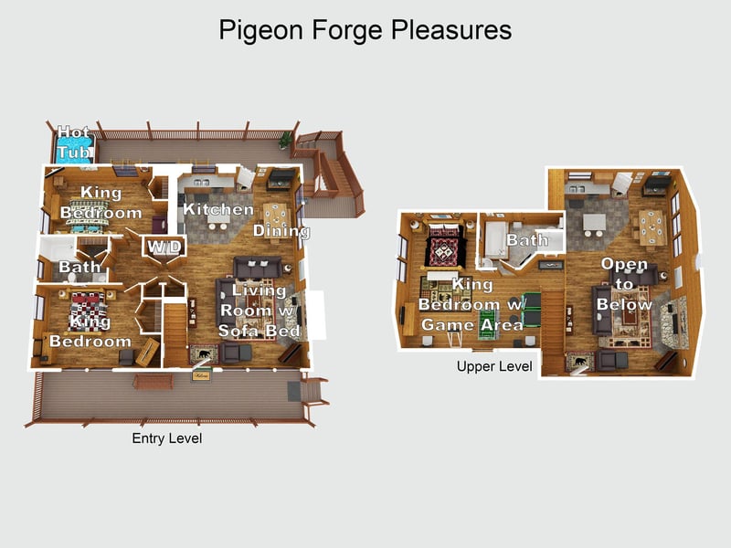 Pigeon Forge Pleasures floor plan—two levels featuring king bedrooms, bathrooms, full kitchen, dining, living room with sofa bed, hot tub, washerdryer, and an upperlevel game area.