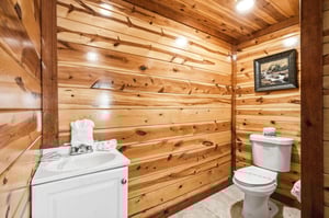 Step into your private rustic bathroom where warm wood walls create a cozy cabin atmosphere for your mountain getaway.