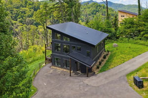 A modern mountain retreat set among lush trees and rolling green hills, with scenic slopes visible in the distance.