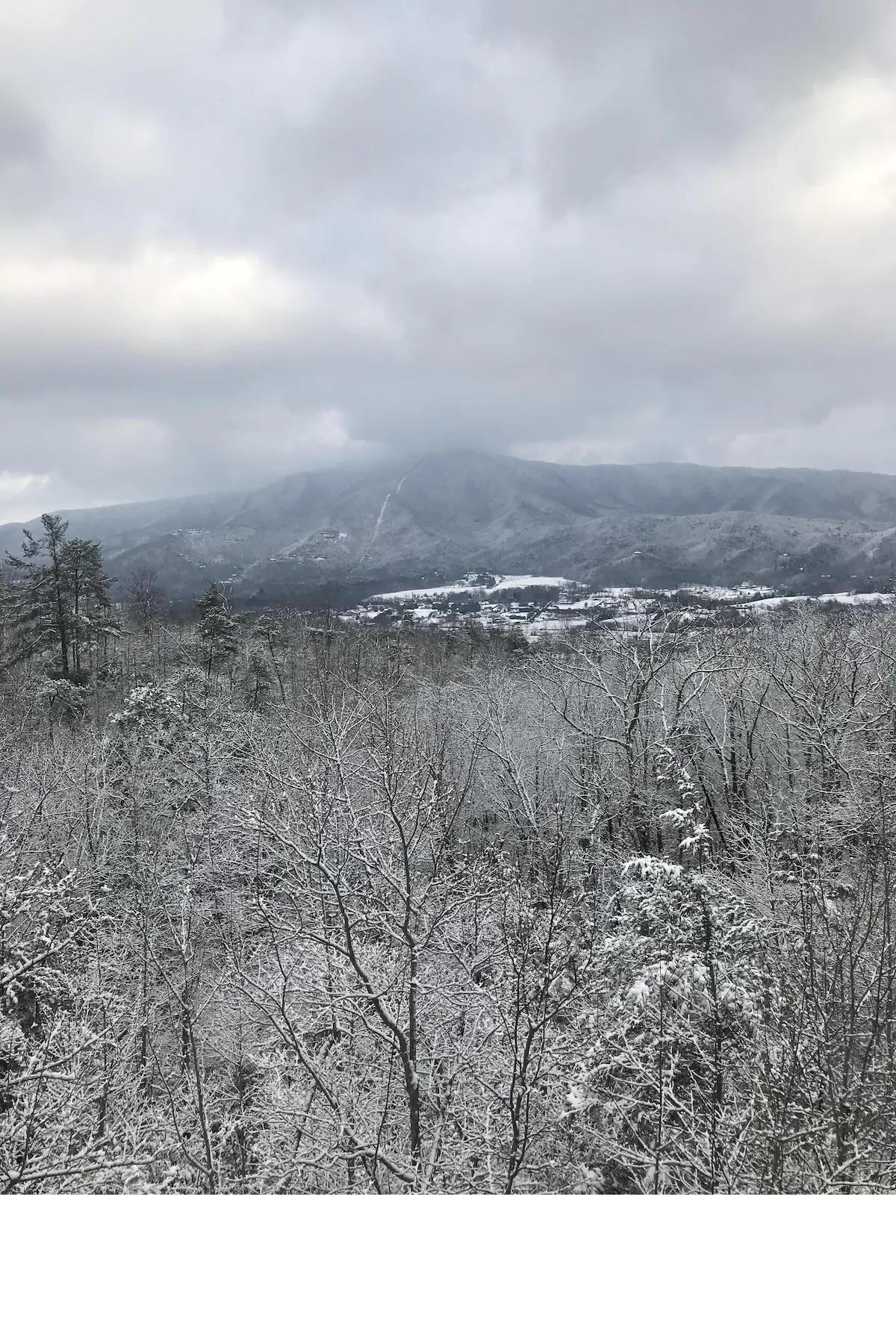 Sweeping mountain views showcase snowdusted peaks and winter forest landscapes in the surrounding area.