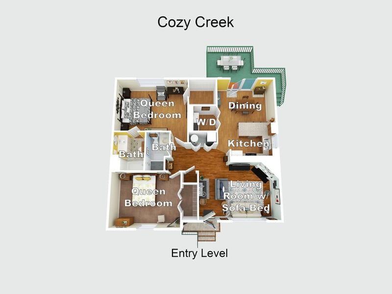 Floor plan showing Cozy Creeks entry level with two queen bedrooms, living room with sofa bed, full kitchen, dining area, two baths, and deck access.