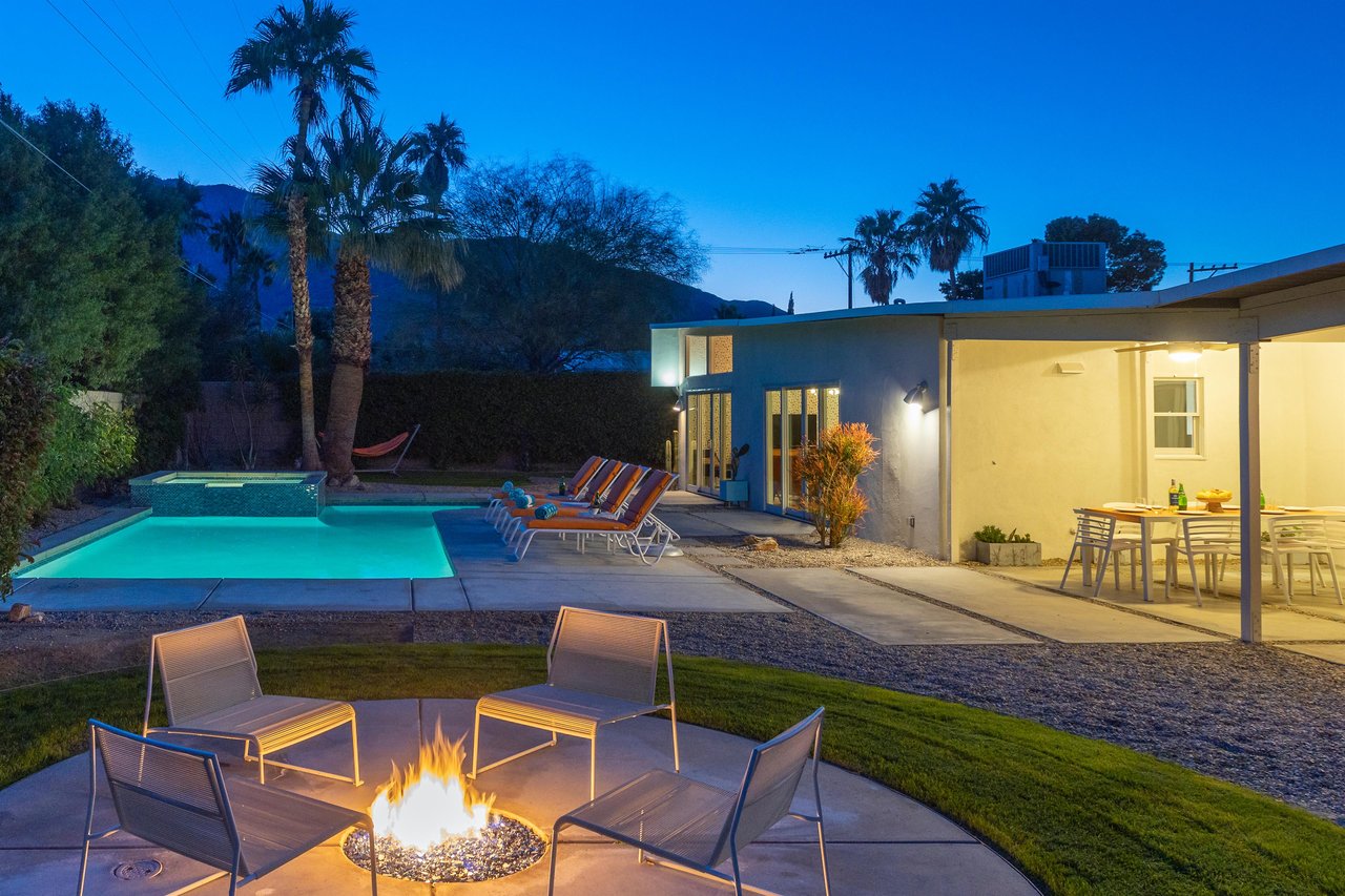 Comfortable seating around outdoor fire feature