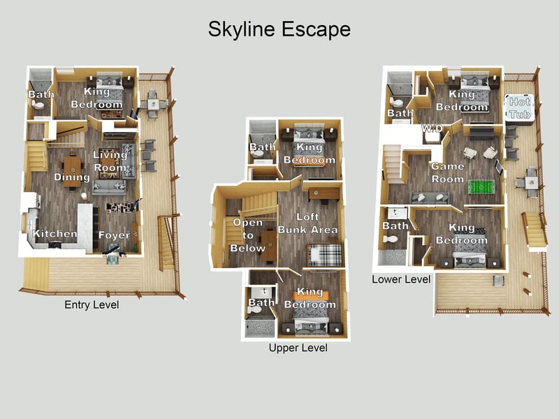 Detailed floor plans showcase multiple levels with four king bedrooms, each with private baths. Youll enjoy spacious living, dining, kitchen, game room, hot tub, and open loft spaces.