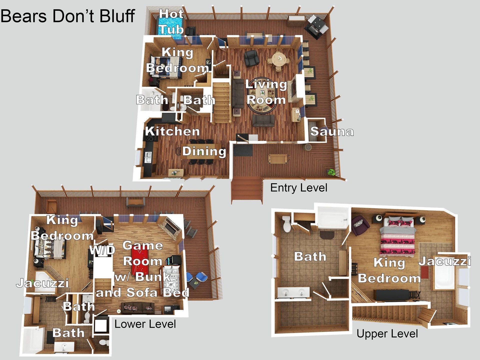 Complete floor plan showcasing a spacious retreat with multiple bedrooms, game room, hot tub, and sauna for your perfect getaway.