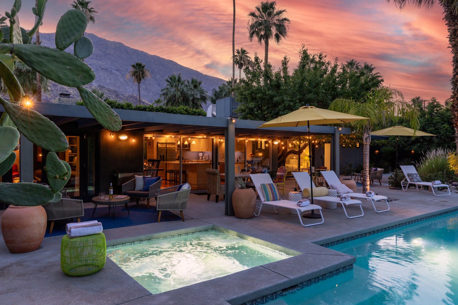 Additional sunset views of the pool, spa, and patio.