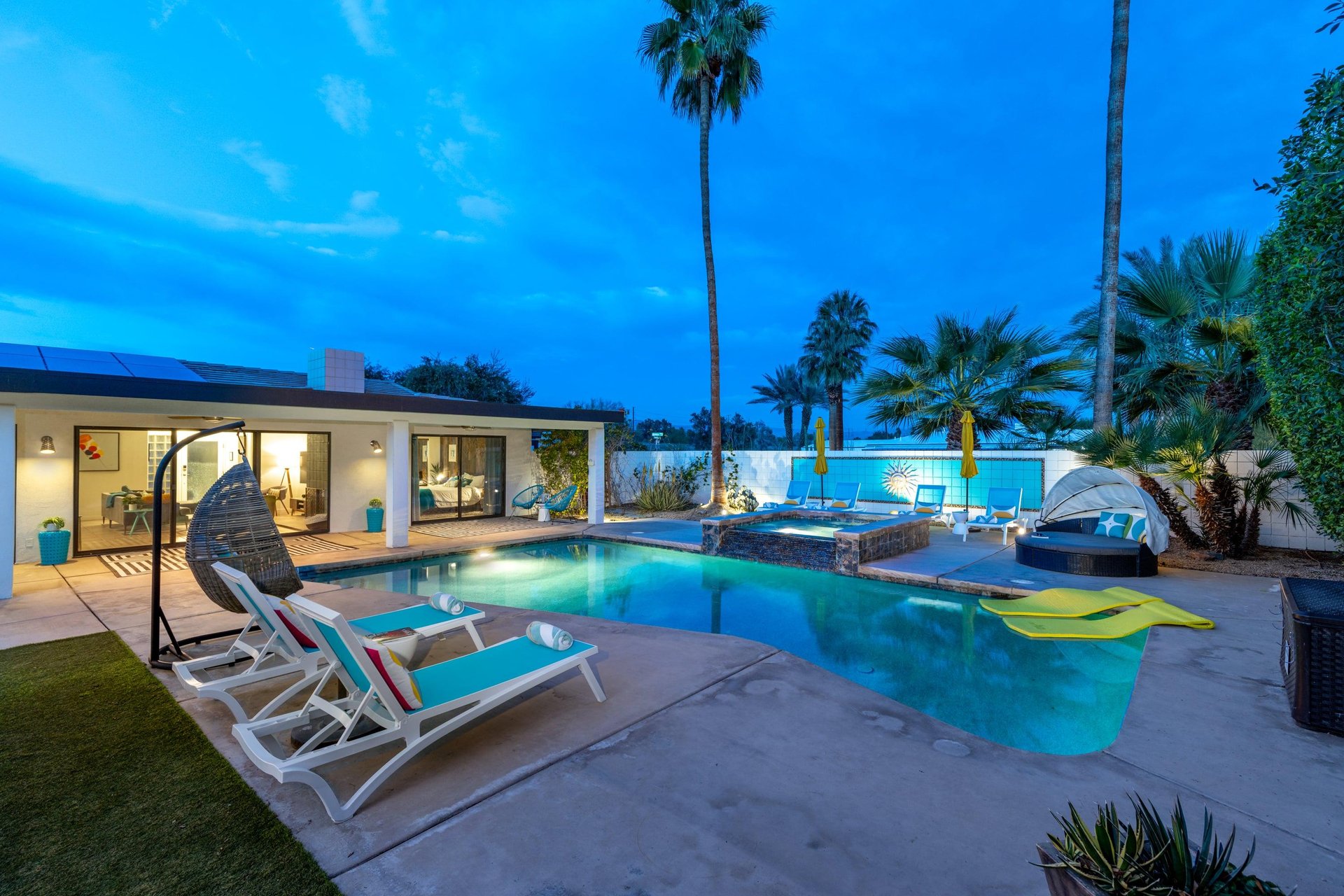 Glowing night time pool deck