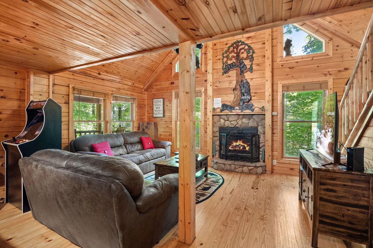 fireplace, sofa bed and natural lighting