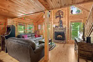 fireplace, sofa bed and natural lighting