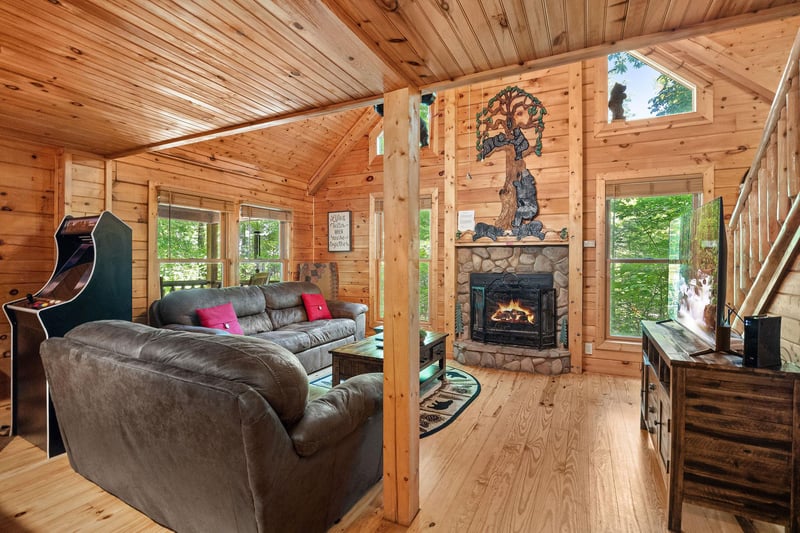 fireplace, sofa bed and natural lighting