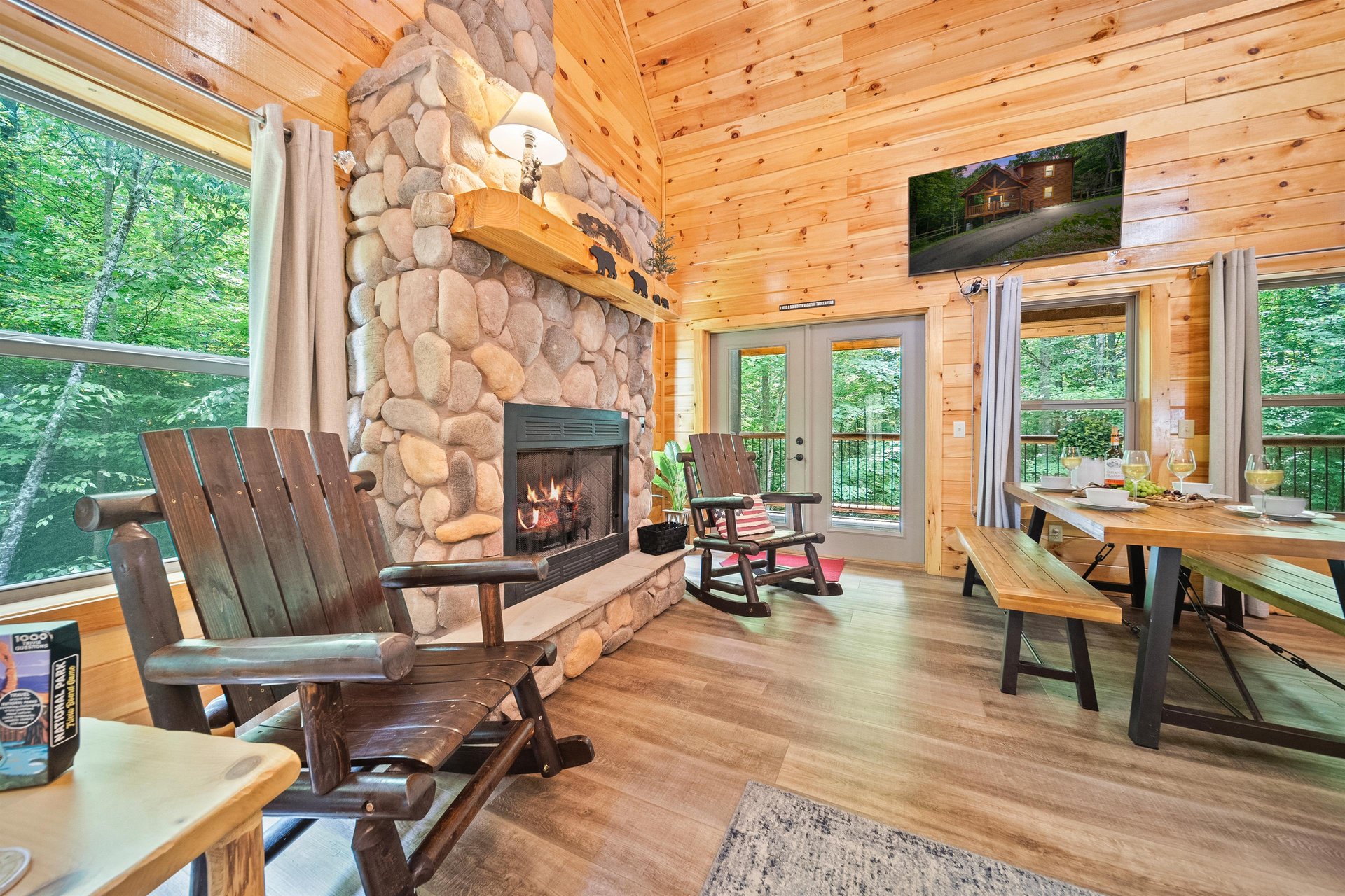 fireplace, dining, TV and balcony access