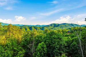 Panoramic mountain vistas stretch across forested ridges beneath a bright summer sky, showcasing the natural beauty surrounding the property.