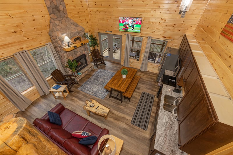 aerial view of living room and kitchen