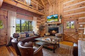 Living room with stone fireplace