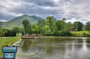 A serene fishing pond surrounded by lush greenery and backed by mountain views, offering a peaceful natural escape on the property grounds.