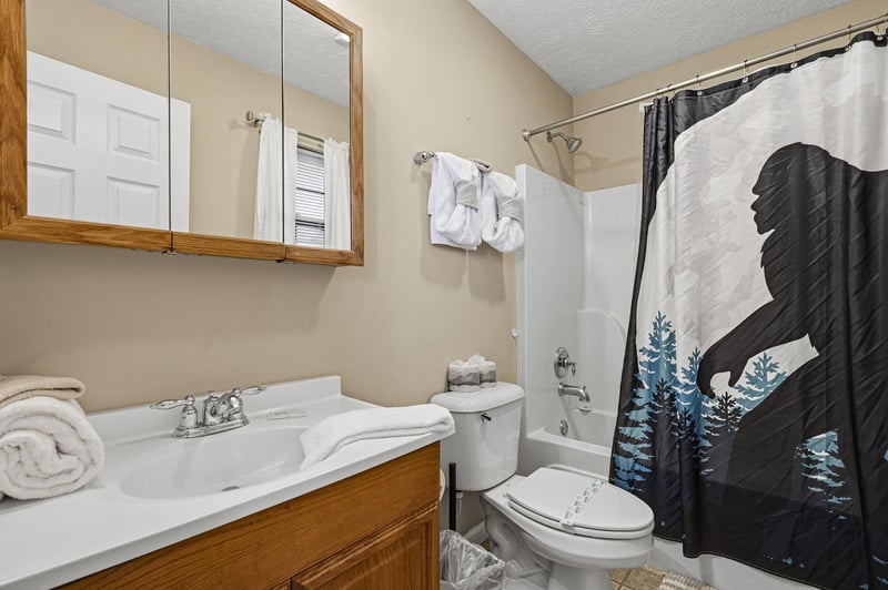 Step into your private bathroom featuring fresh towels and a relaxing tubshower combo for unwinding after mountain adventures.