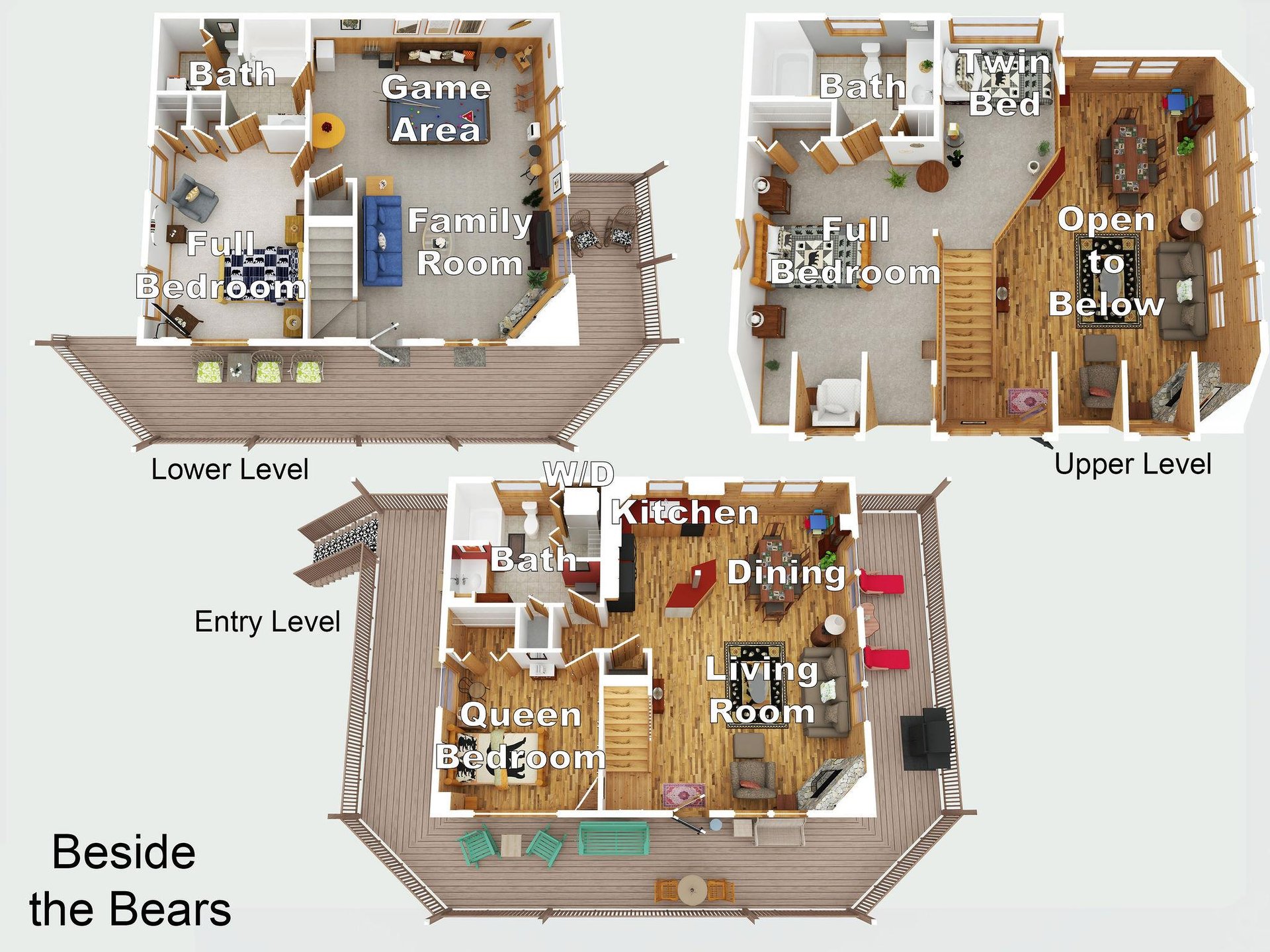 This spacious threelevel layout shows your mountain retreat with multiple bedrooms, game area, and open living spaces perfect for family gatherings.