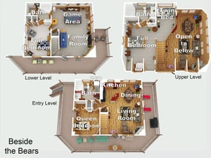 This spacious threelevel layout shows your mountain retreat with multiple bedrooms, game area, and open living spaces perfect for family gatherings.