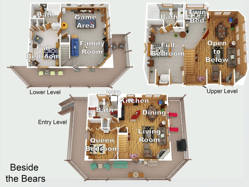 This spacious threelevel layout shows your mountain retreat with multiple bedrooms, game area, and open living spaces perfect for family gatherings.