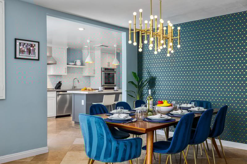 An elegant dining room draped in shades of blue