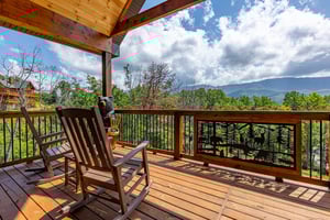 Rocking chairs facing mountain views