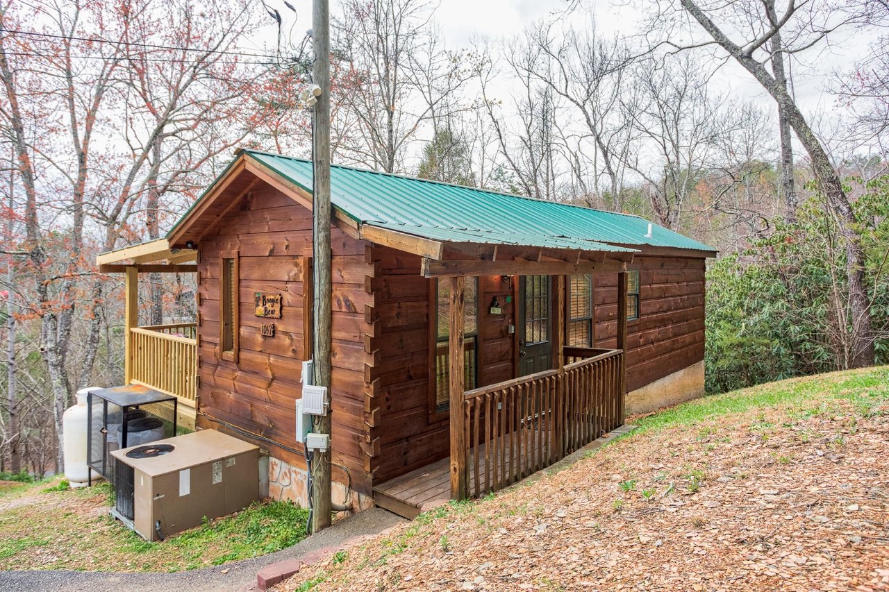 Exterior of the cabin from the entrance at Boogie Bear, a 1bedroom cabin rental located in Gatlinburg