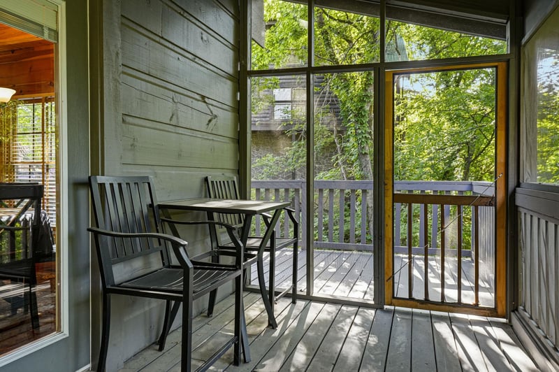 Your private screened porch offers the perfect spot to sip morning coffee while listening to rustling leaves in the lush trees surrounding you.