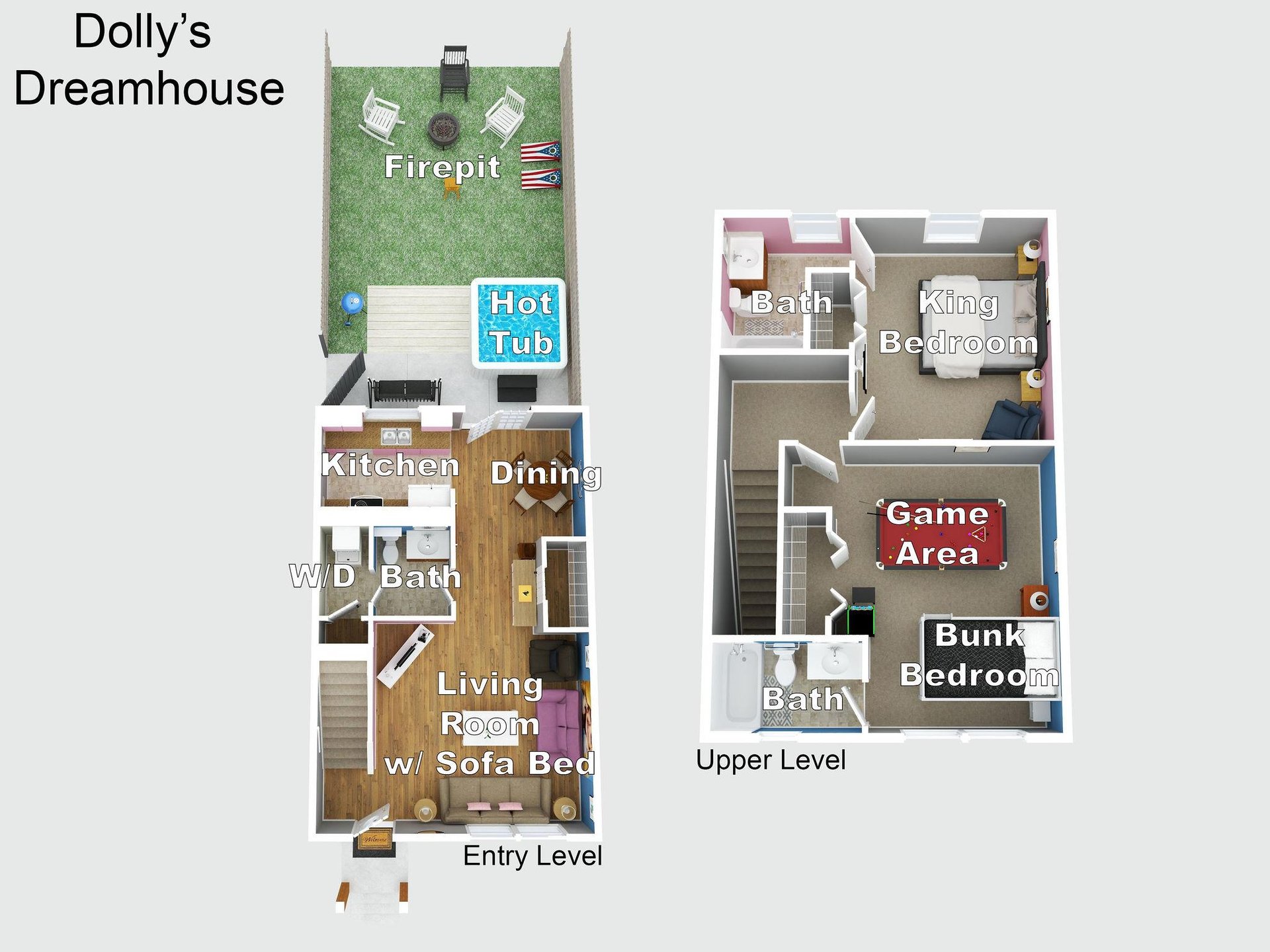 Detailed floor plan of Dollys Dreamhouse shows your twolevel retreat with king bedroom, game area, hot tub, and firepit.