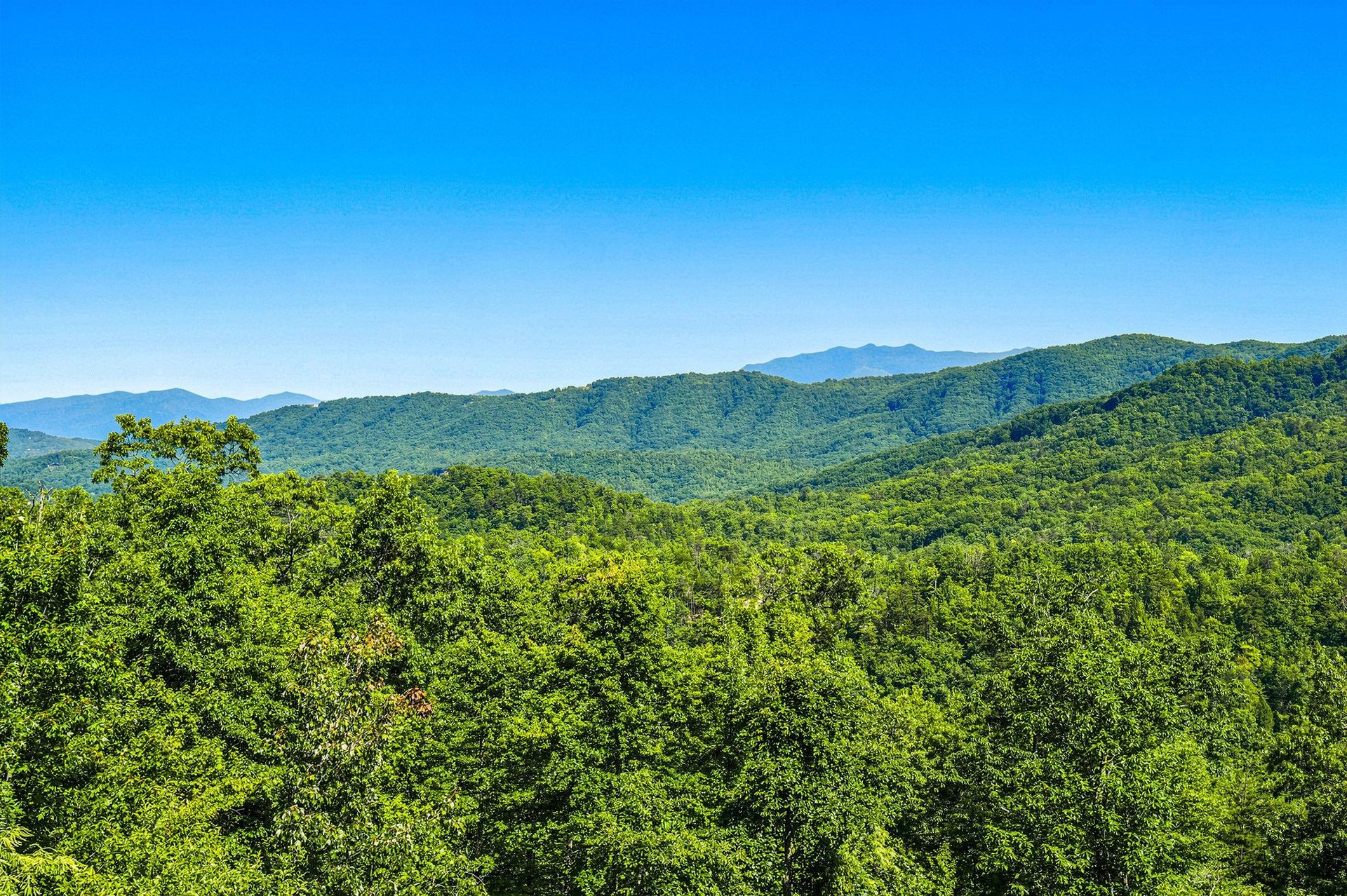 Stunning mountain panorama with rolling forested ridges stretching to the horizon under a clear blue sky, part of the scenic area surrounding the property.