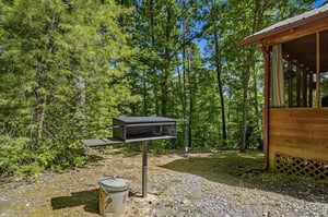 Nestled among towering trees, the propertys grilling area invites you to enjoy outdoor cooking in a tranquil, forested setting.