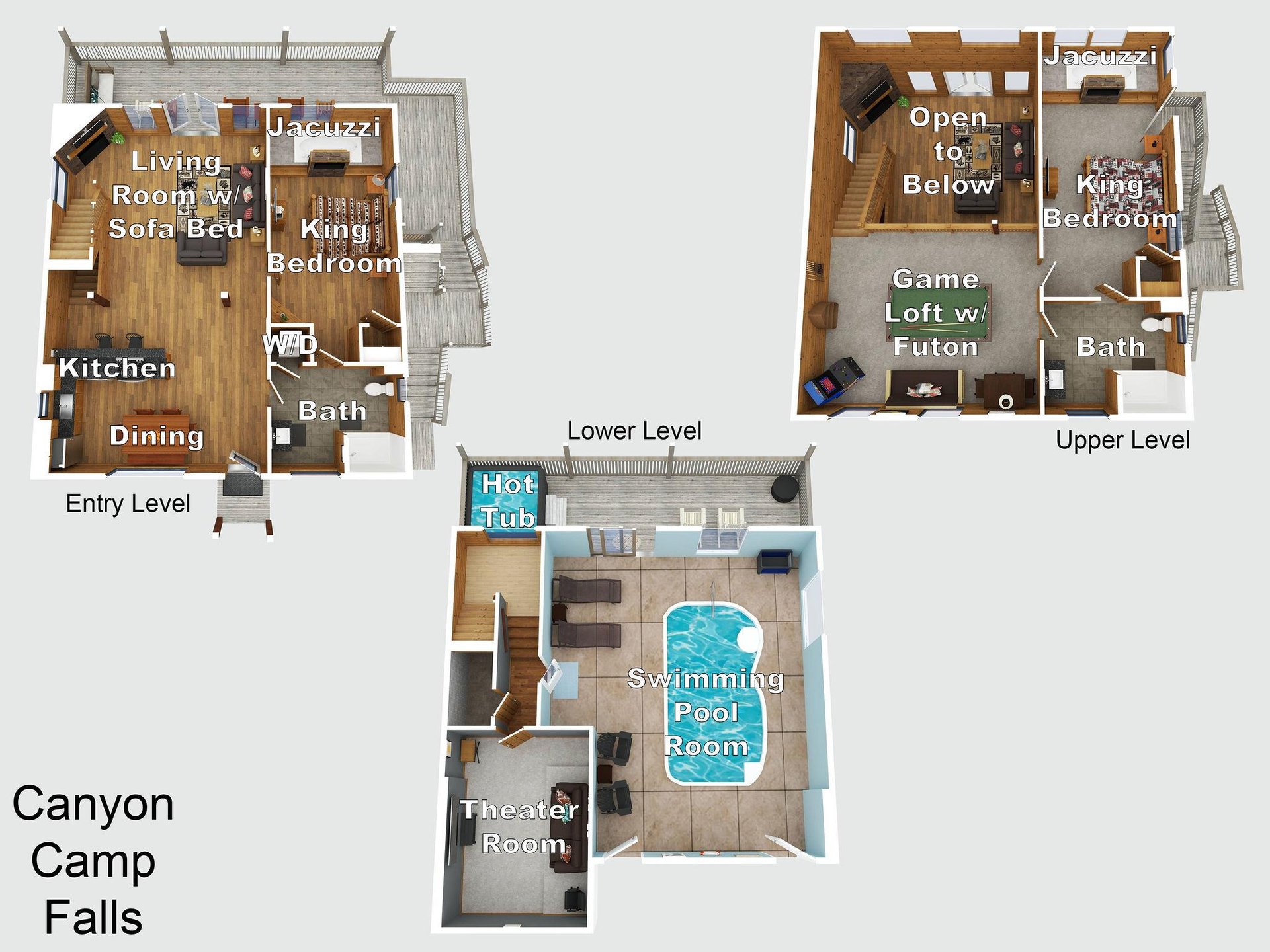 This multilevel layout shows the full scope of your private retreat, with spacious living areas, king bedrooms, game loft, hot tub, and an indoor pool and theater room awaiting your arrival.