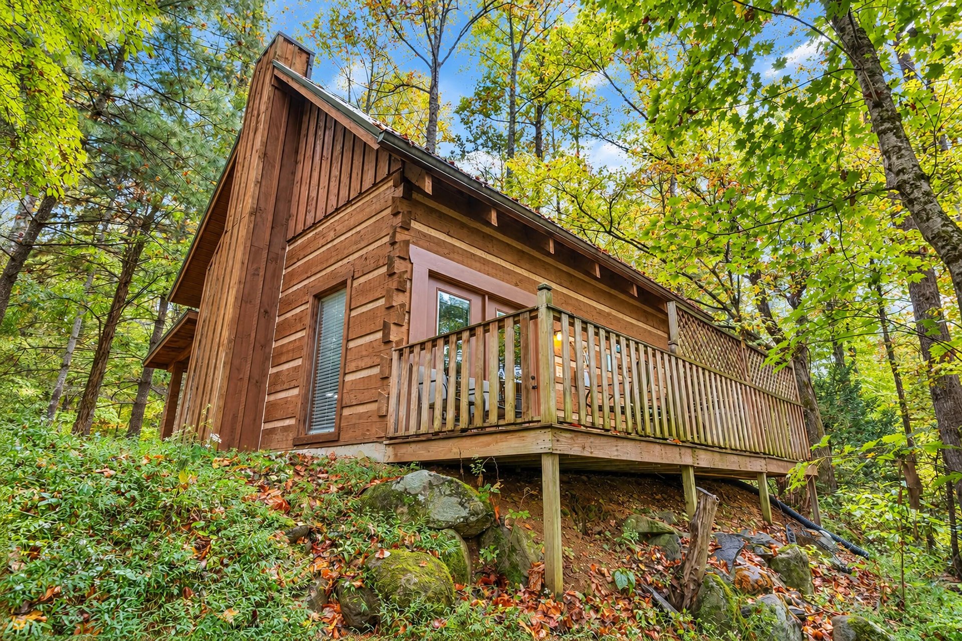 A secluded log cabin surrounded by vibrant forest canopy, with a spacious deck overlooking the lush woodland setting. Your private woodland escape awaits.