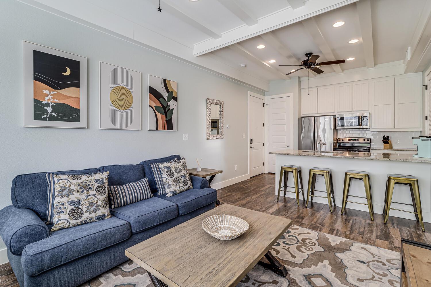 Cozy Living Room Seating with Open Kitchen