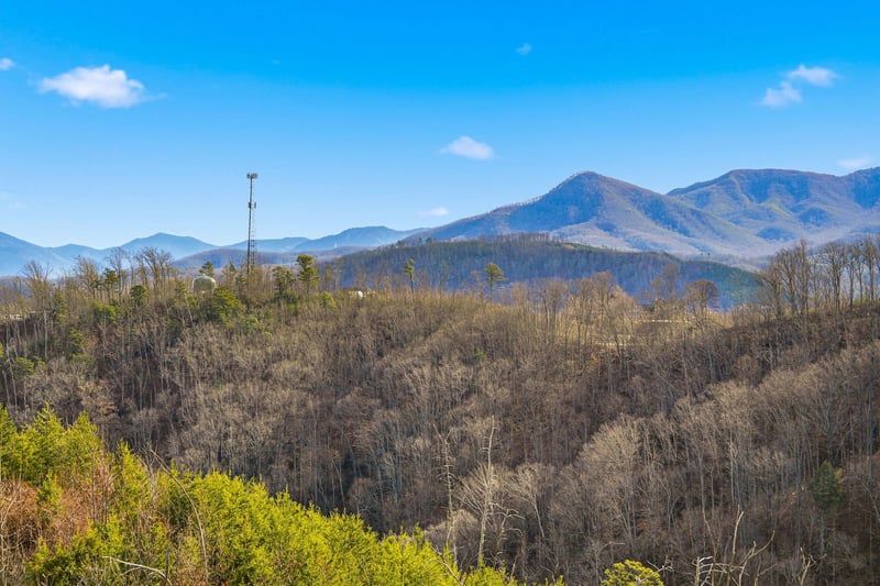 Stunning mountain views stretch across rolling peaks and forested valleys under brilliant blue skies in this scenic area.