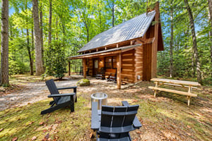 A charming log cabin nestled in a lush forest offers peaceful woodland surroundings. Relax by the fire pit or unwind on the covered porch with rocking chairs just steps away.