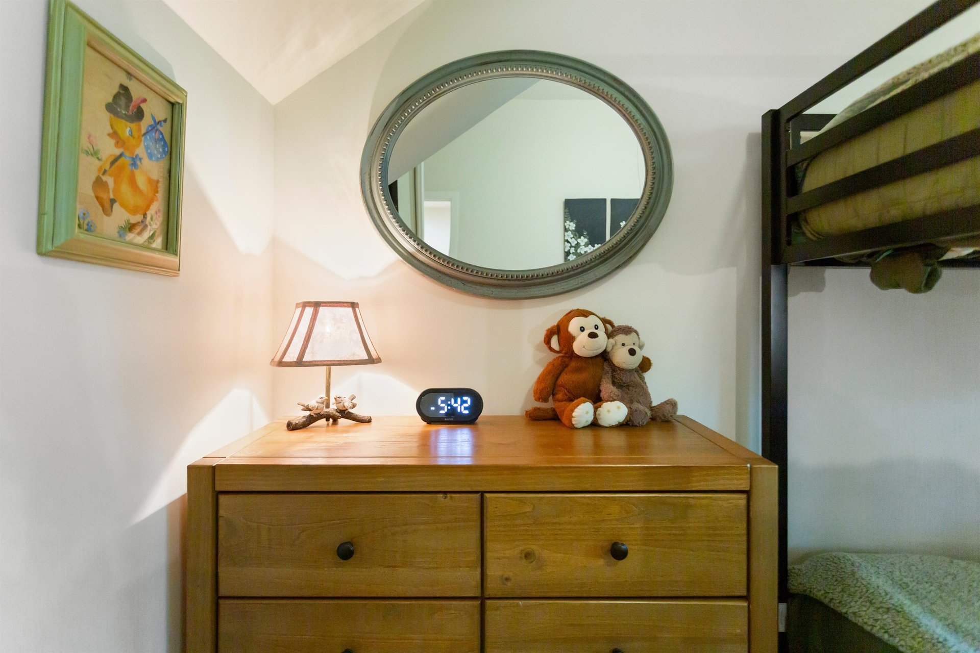 3 beds perfect for a close group. Guest enjoy individual lights for each bunk. A packnplay is also available.