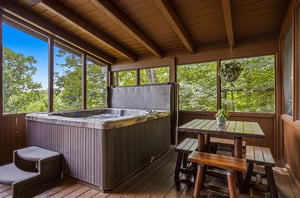 Soak your worries away in your private hot tub, tucked into a screened porch with sweeping forest views and cozy seating nearby.