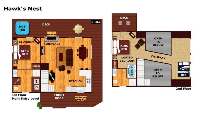 This detailed floor plan shows your spacious twostory retreat with king beds, hot tub, fireplace, and open loft design.