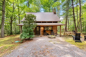 A charming wood cabin nestled in the forest, featuring a front porch with rocking chairs, picnic area, and fire pit—perfect for unwinding after a day of adventure.
