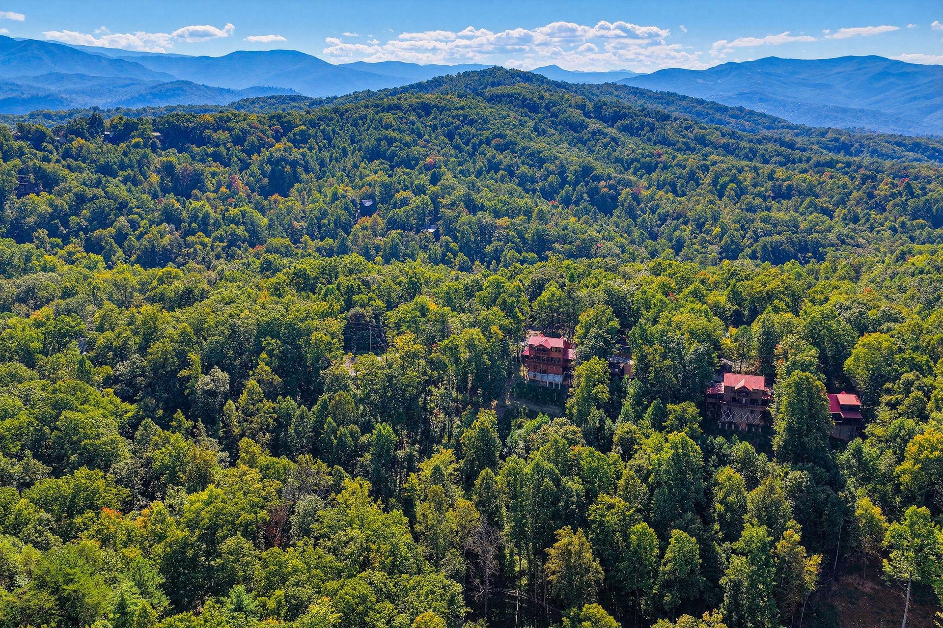 Secluded rental cabins nestled in a vast expanse of lush forest with sweeping mountain ranges creating a stunning natural backdrop.