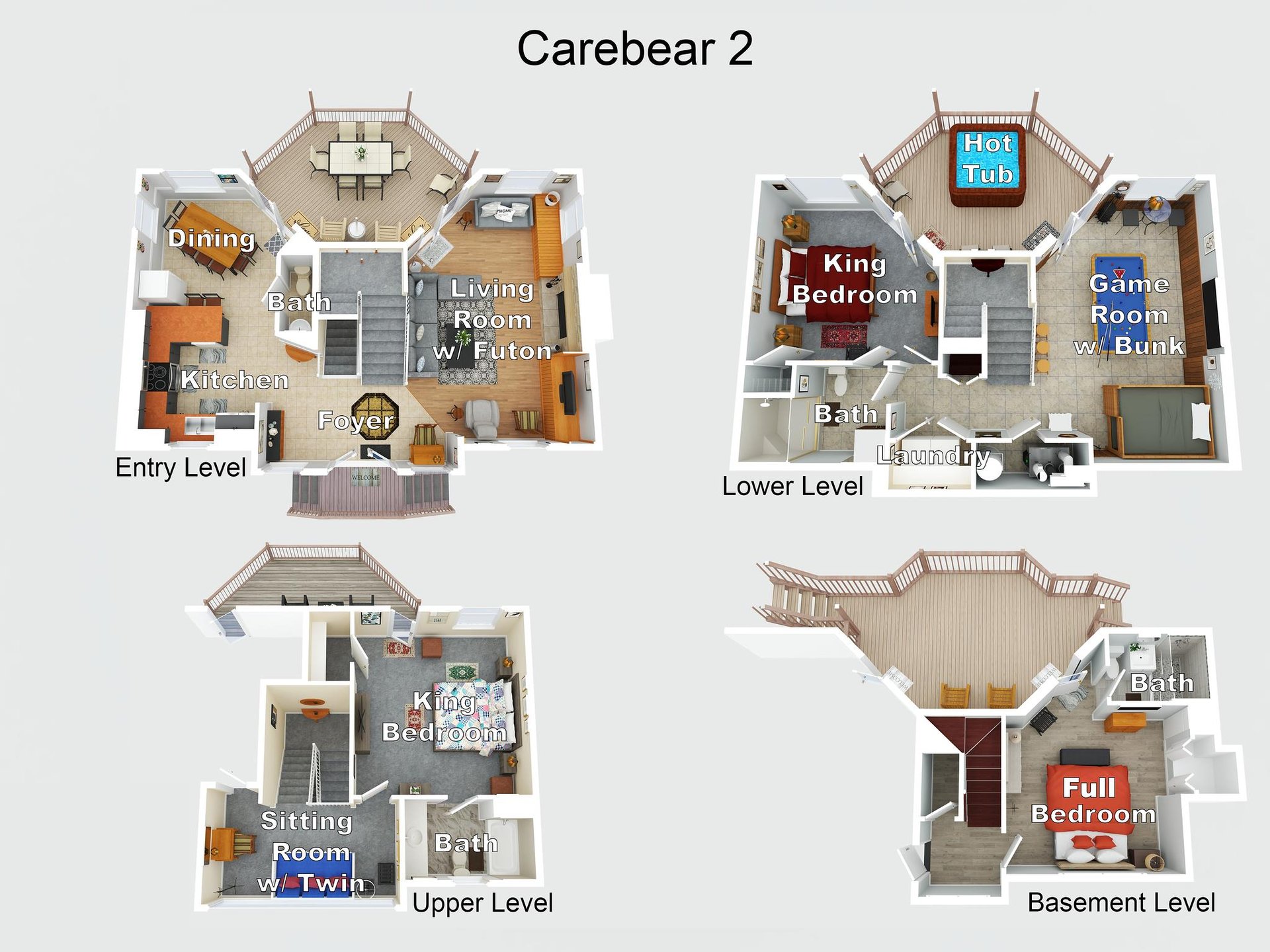 This detailed floor plan shows all four levels of Carebear 2, highlighting the spacious layout with multiple bedrooms, bathrooms, and amenities.